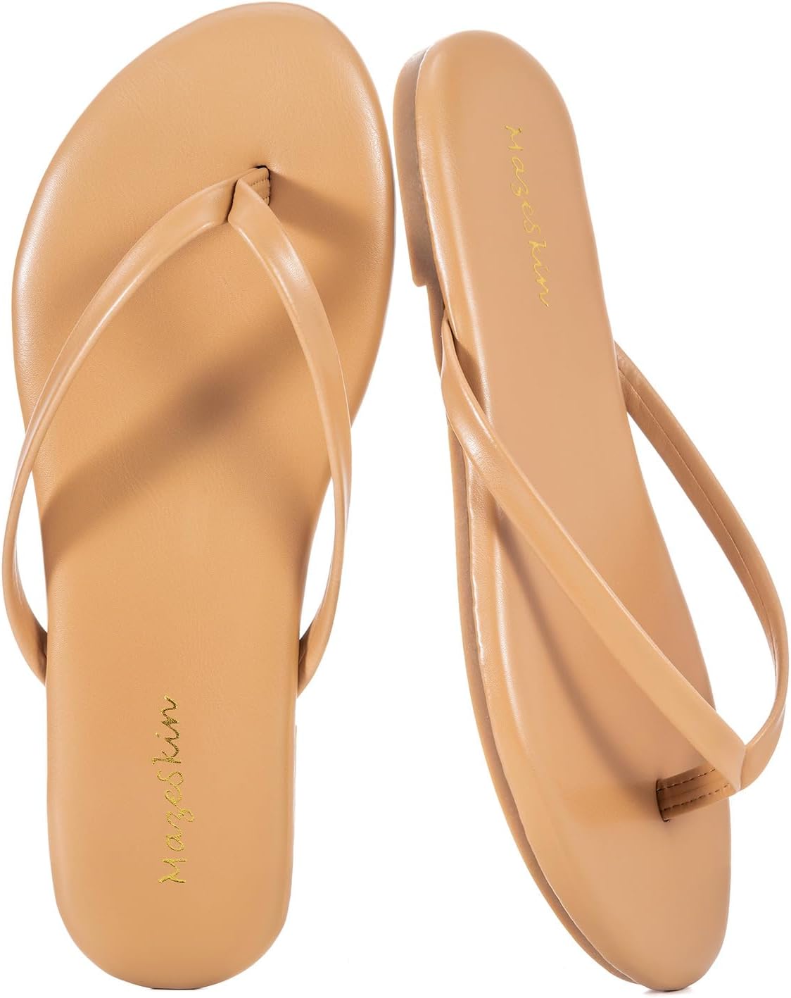 Mazeskin Women's Memory Foam Flat Thong Sandals - Comfortable Leather Slide Flip Flops for Summer Beach