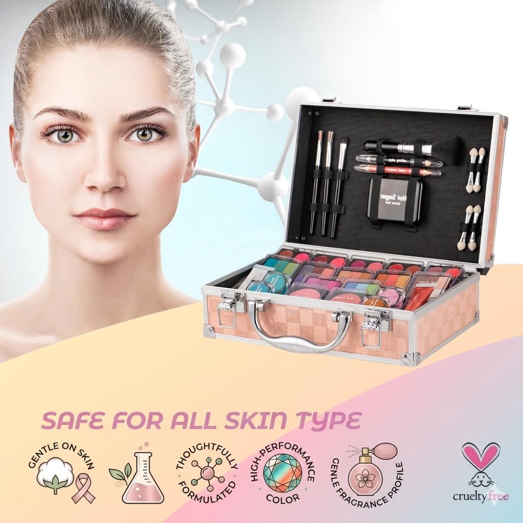 Makeup Kit for Teen Girls - Complete Starter Cosmetics Set with Eyeshadow, Lip Balm, Blush, Gloss & Mirror | Gold Check