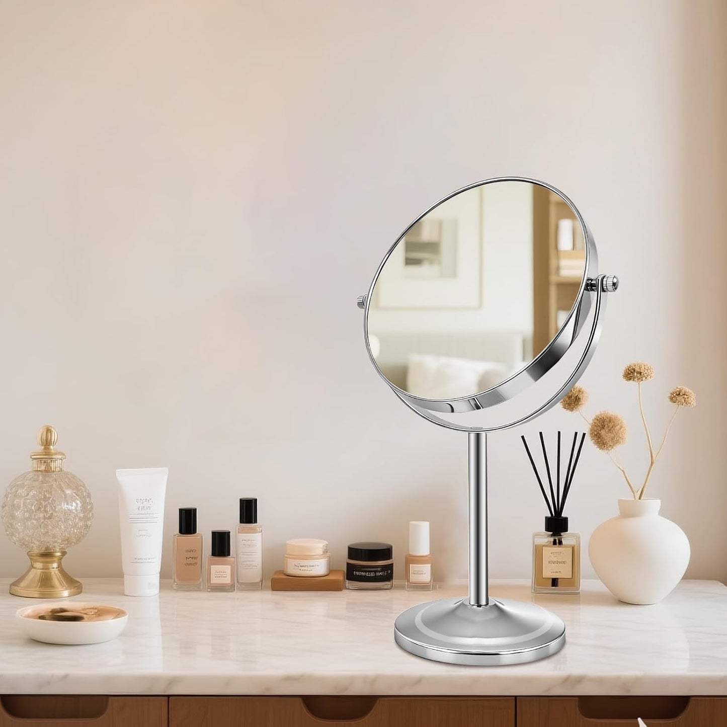 Tabletop Makeup Mirror - 1X/5X Double-Sided Magnifying Design | 7-Inch Chrome 360° Swivel Countertop Mirror