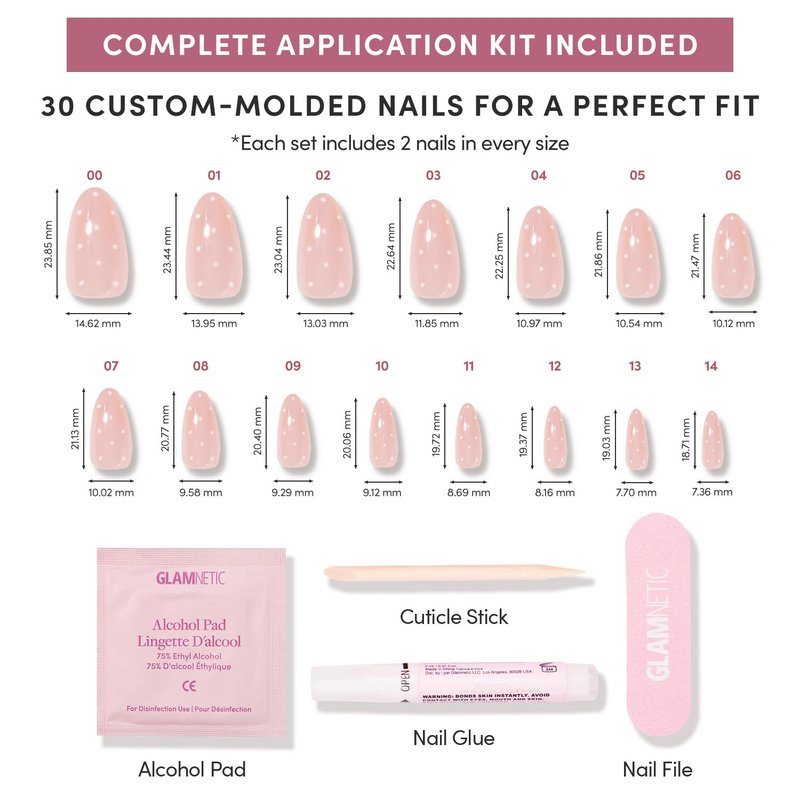 Glamnetic Press On Nails - Sugar Glazed Medium Oval Fake Nails | Sheer Nude Base with Mini White Polka Dots, 15 Sizes - 30 Nail Kit with Glue