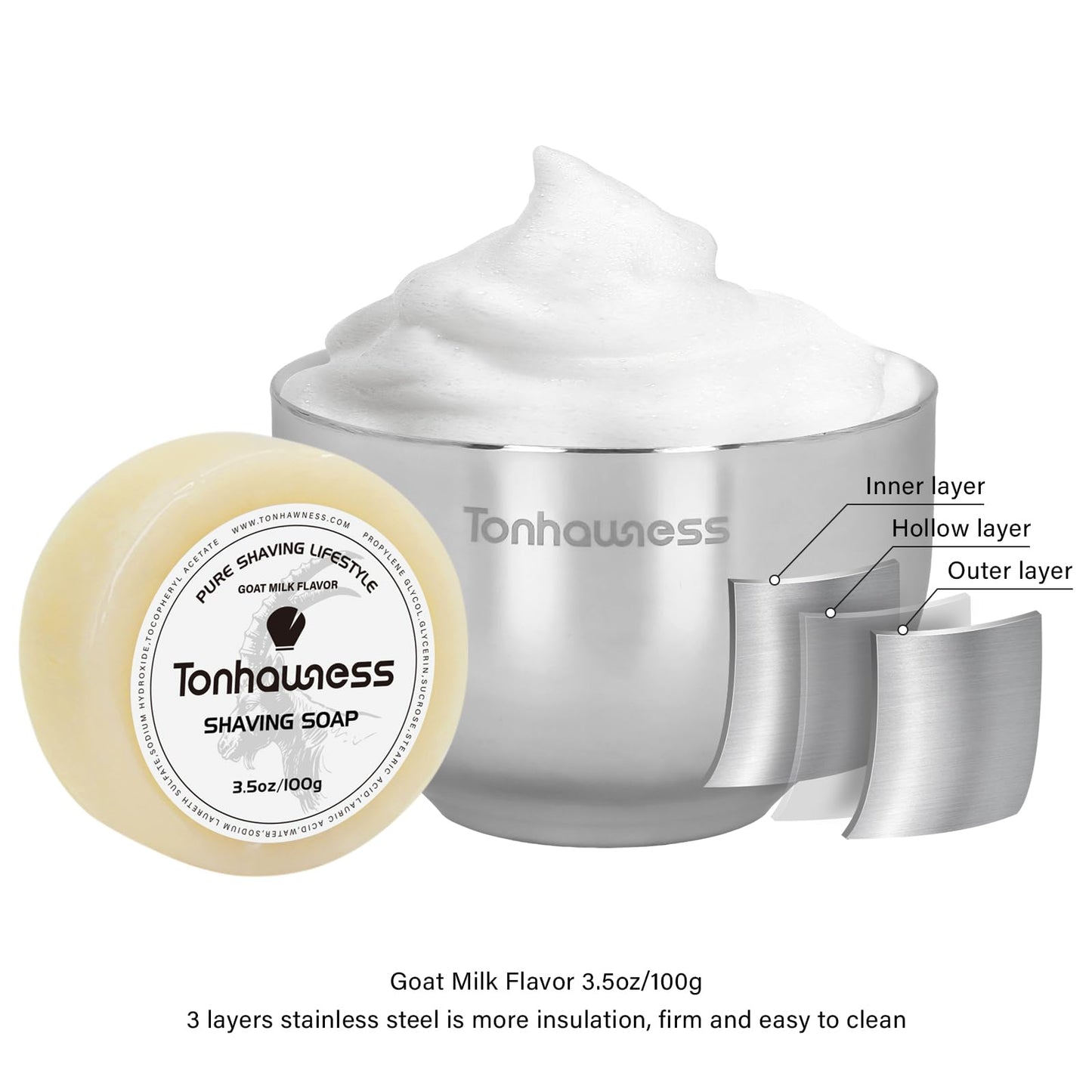 Badger Hair Shaving Brush With Wood Handle, Goat Milk Shaving Soap, Dual-ring Base Stainless Steel Shaving Stand Holder and 3 Layers Shaving Bowl for Men's Wet Shaving (Wood With Badger Hair)