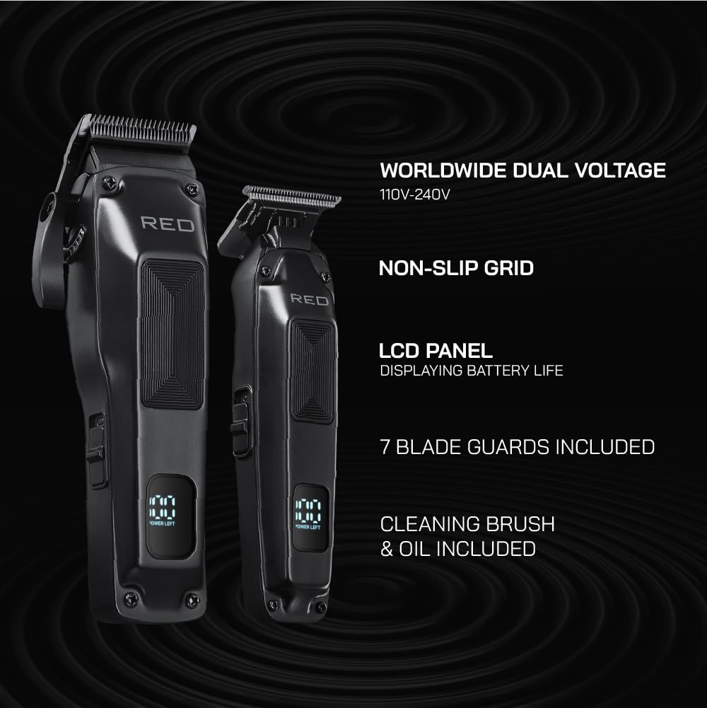 Red by Kiss Cordless Clipper & Trimmer Combo Set for Hair & Beard Grooming, Professional Fade Clipper with Precision T-Blade Trimmer, Rechargeable Haircut Kit for Home & Barber Use (Black)