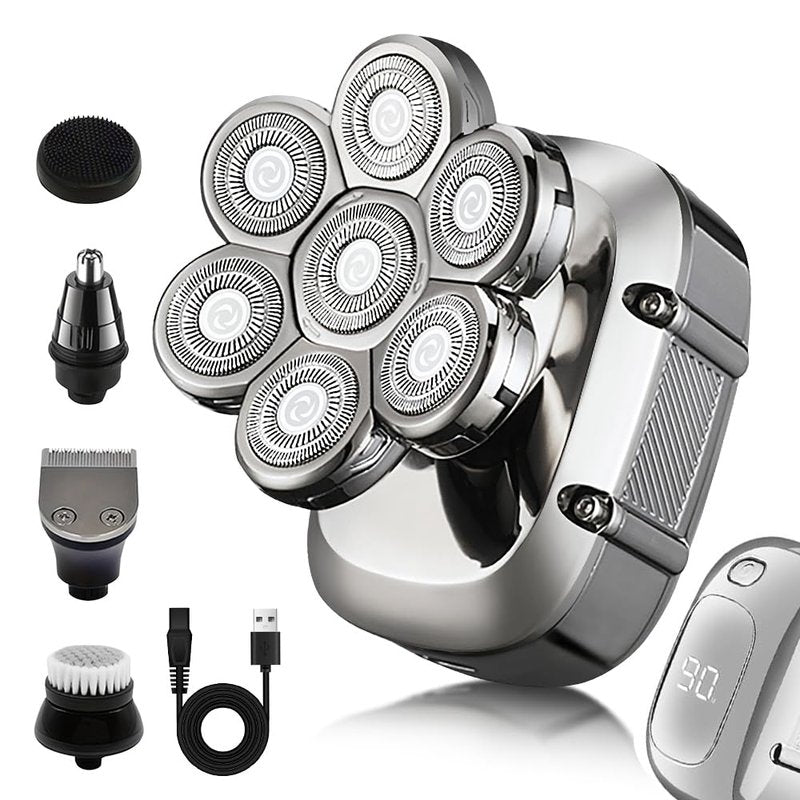 5-in-1 Electric 7D Head Shavers for Bald Men,Wet Dry Waterproof Cordless Men's Rotary Razor for Head/Face, Grooming Kit with Nose Trimmer-Hair Clippers, LED Display USB Charging Rechargeable