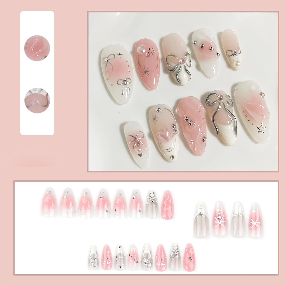 Press On Nails - Medium Almond Gradient Pink & White with Silver Bow | Reusable 3D Rhinestone Design, 24 Pcs for Weddings & Parties