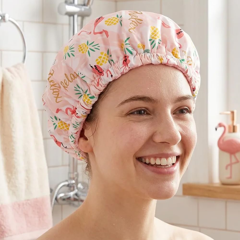 3 in 1 Shower Cap for Women, Pink Heart Print Reusable Waterproof Terry Lined Elastic Bath Wrap Long Braided Hair (Love)