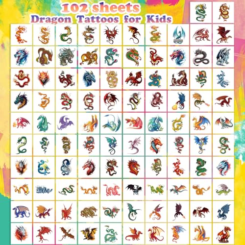 102 Pack Dragon Temporary Tattoos for Kids - Fun Birthday Party Supplies