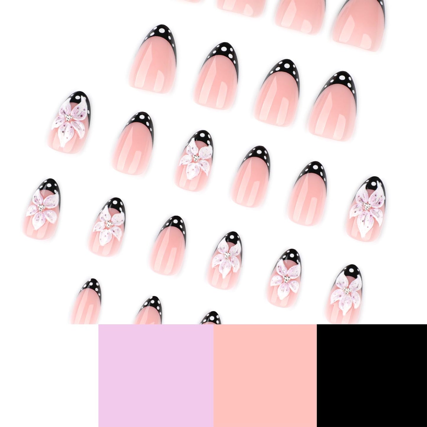 Mivota Luxury Press-On Nails | Short Almond French Tip in Nude Pink with 3D Flower & Polka Dot Design - Reusable, Salon Quality
