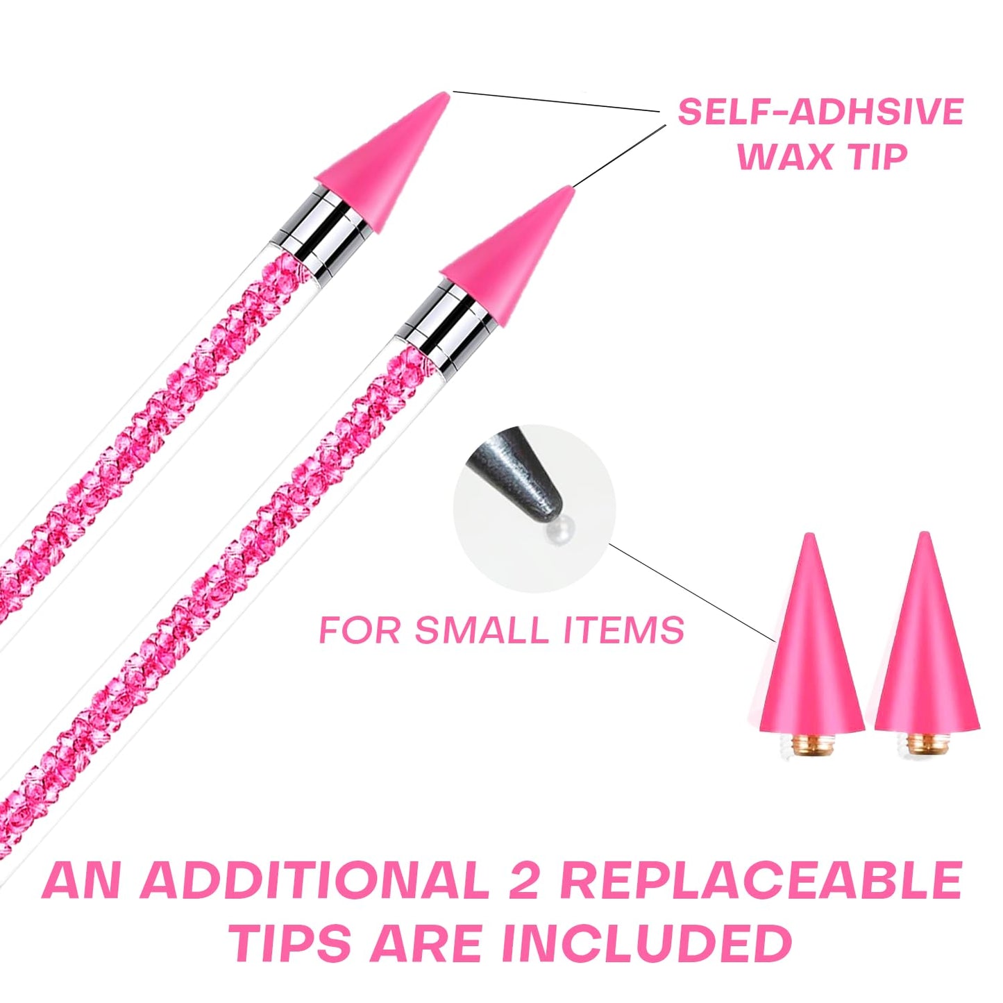 8 Pink Rhinestone Picker Tool Set - 2 Pcs Dual-Head Wax Pens with 2 Wax Tips and 2 Pink Tweezers, Wax Pencil for Rhinestones, Crystal Diamond Pickup Tool for Nail Art, Gem and Crystal Application Kit