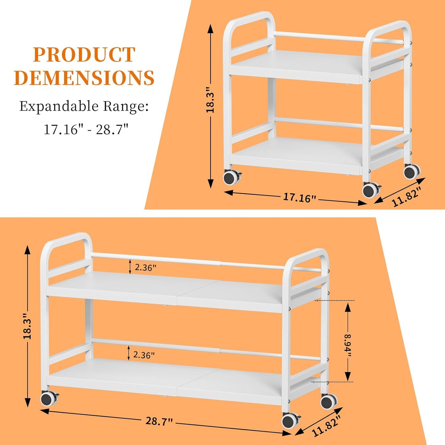 Expandable Rolling Cart - 2-Tier Metal Pantry Storage Organizer with Wheels | Adjustable Under Desk Cart for Kitchen