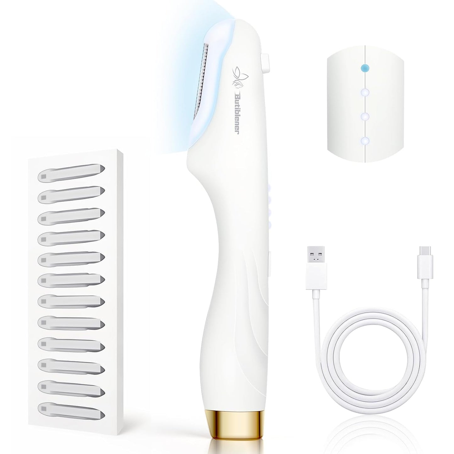Sonic Dermaplane Razor for Women - Facial Hair Removal Tool with 12 Blades | White & Gold Accent