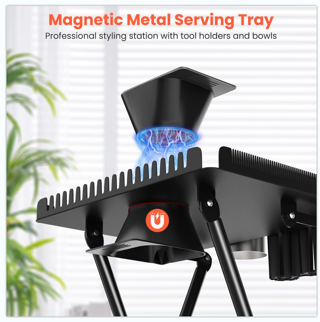 Professional Hair Styling Station Cart - Metal Rolling Salon Trolley with Magnetic Color Bowls & Tool Holder | Hair Extension Stand