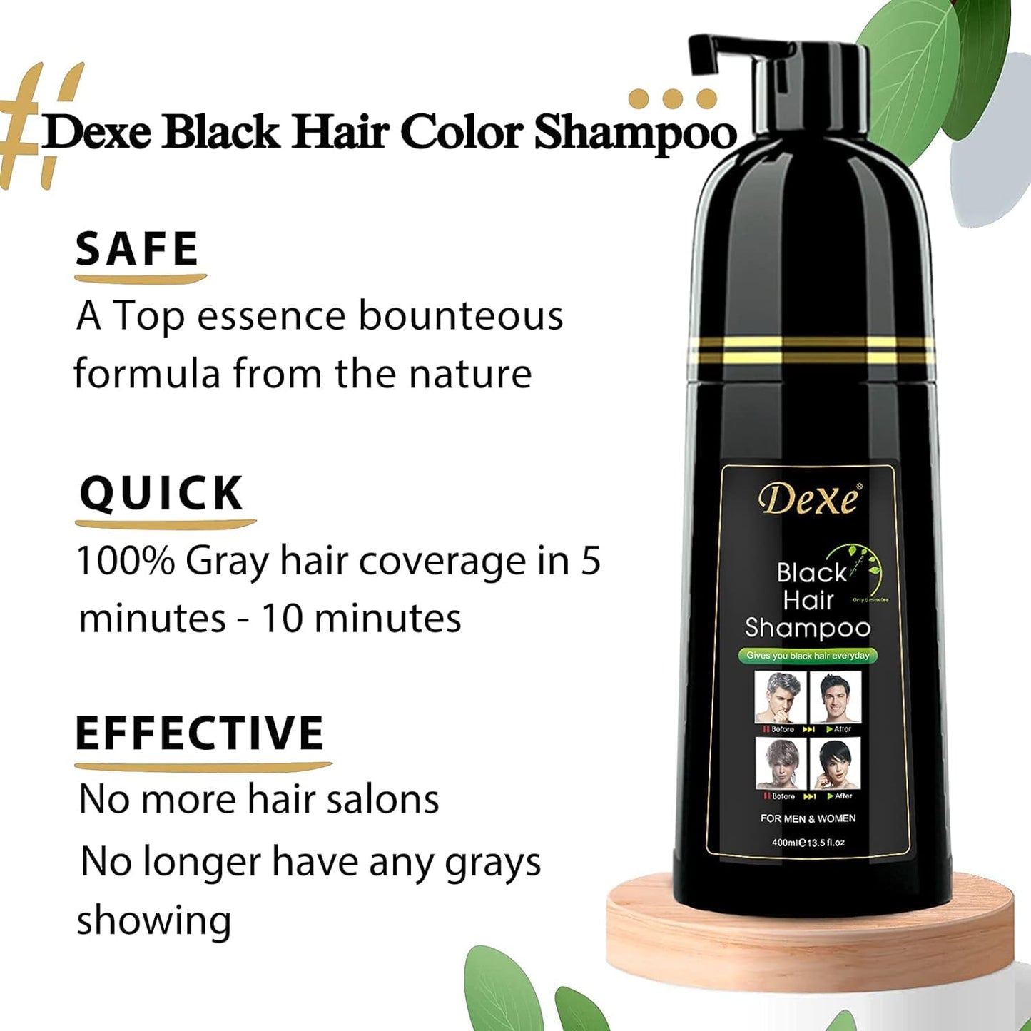 YUOLITA Brand 3-In-1 Black Hair Dye Shampoo, Herbal Ingredients, 100% Gray Coverage, Instant Hair Color Shampoo for Men Women, Natural Hair Lasts 30 Days, 400ML