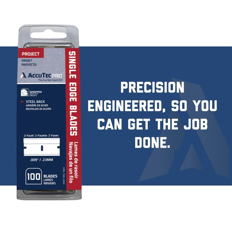AccuTec Pro Steel Single Backed Edge Razor Utility Blades - 100-Pack - .009 Inch Made of High Carbon Steel for Durability and Long Service Life - APBL-7064