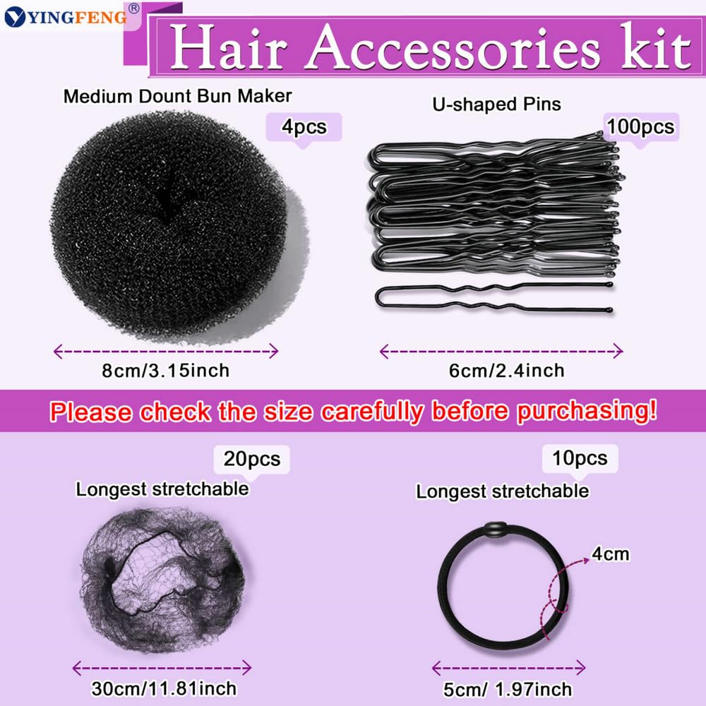 Hair Bun Maker Kit - 134 Pcs Set with 4 Bun Pieces, 20 Hair Nets, 100 Bobby Pins & 10 Hair Bands for Ballet Styling