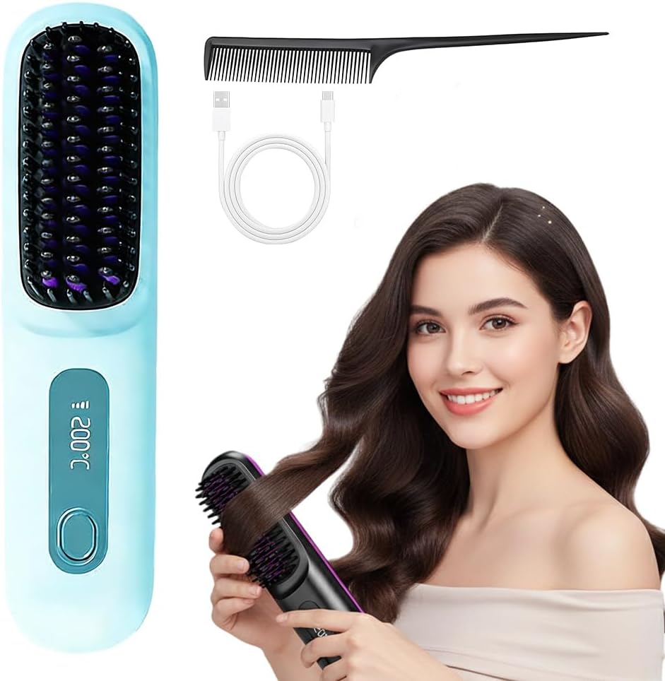 Cordless Straightening Brush for Short Hair - 2026 Upgraded Ionic & Ceramic Design | Fast Heat, 3 Temp Settings, 2000mAh Battery (Black)