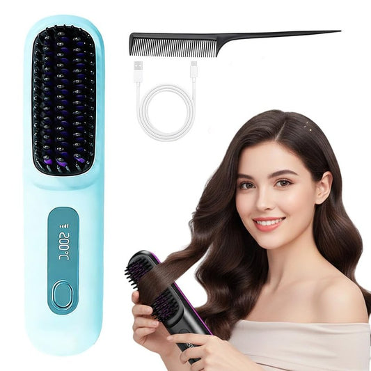 Go Brush Pro for Short Hair - 2026 Upgraded Cordless Straightening Brush with Fast Heat, 3 Temperature Settings, Ionic & Ceramic Care, 2000mAh USB-C Rechargeable for Frizz-Free Styling (Blue)