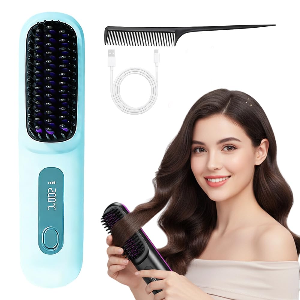Go Brush Pro for Short Hair - 2026 Upgraded Cordless Straightening Brush with Fast Heat, 3 Temperature Settings, Ionic & Ceramic Care, 2000mAh USB-C Rechargeable for Frizz-Free Styling (Blue)