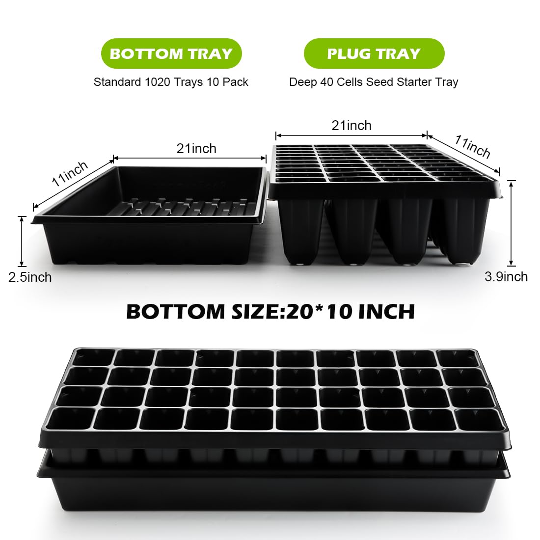 RooTrimmer 10 Pack 1020 Seed Starter Trays and 10 Pcs 40 Cell Plug Trays, Thick Durable Seedling Plastic Nursery Tray for TD542 1020 Tray Germination (10 Sets)