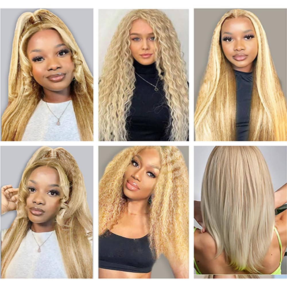 P27/613 Highlight Honey Blonde Bundles Human Hair Blonde Yaki Straight Bundles 16 18 20 Inch Unprocessed Brazilian Virgin Hair 3 Bundle 50 Gram Per Bundle Deals Quick Weave Hair Extensions