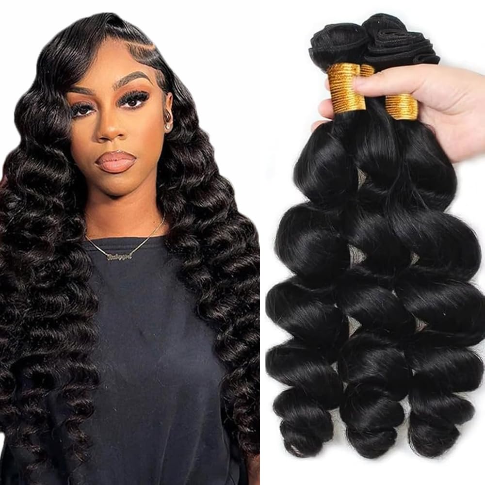 28 30 32 Inch Loose Wave Bundles Human Hair 3 Bundles Brazilian Remy Hair 50 Grams/Bundle 10A Grade Unprocessed Virgin Hairs #1B Natural Black Color Loose Deep Wave Bundle Weaves Extensions