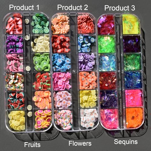 Nail Art Glitter Set with 3 Boxes of Flower & Fruit Slices, Iridescent & Sequins