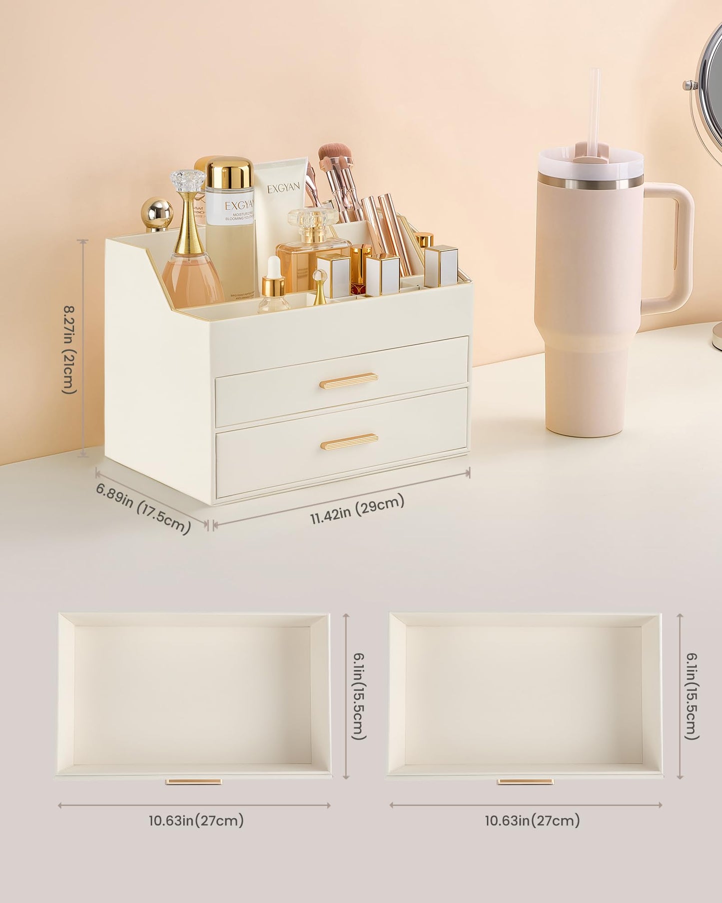 Lolalet Makeup Organizer for Vanity Desk, 3-Layer PU Leather Luxury Make Up Storage Cosmetics Holder Box with Drawers -Beige