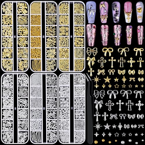 Gold Silver Nail Charms Set with Chains & Beads - 6 Boxes DIY Manicure Decor