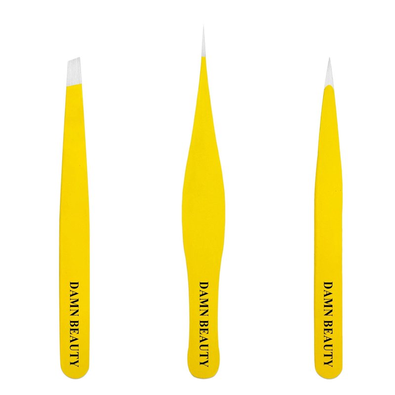3PCS Tweezers Set for Men and Women, Professional Stainless Steel Pointed, Slanted & Ultra Fine Pointed Tweezer For Facial Hair, Splinter Removal and Ingrown Hair removal(Yellow)