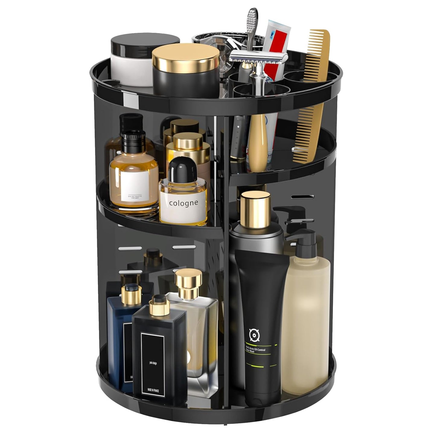 Rotating Makeup Organizer - DIY 8-Layer Spinning Skincare Storage | Multi-Function Vanity Display Case with Brush Holder & Perfume Tray - Black