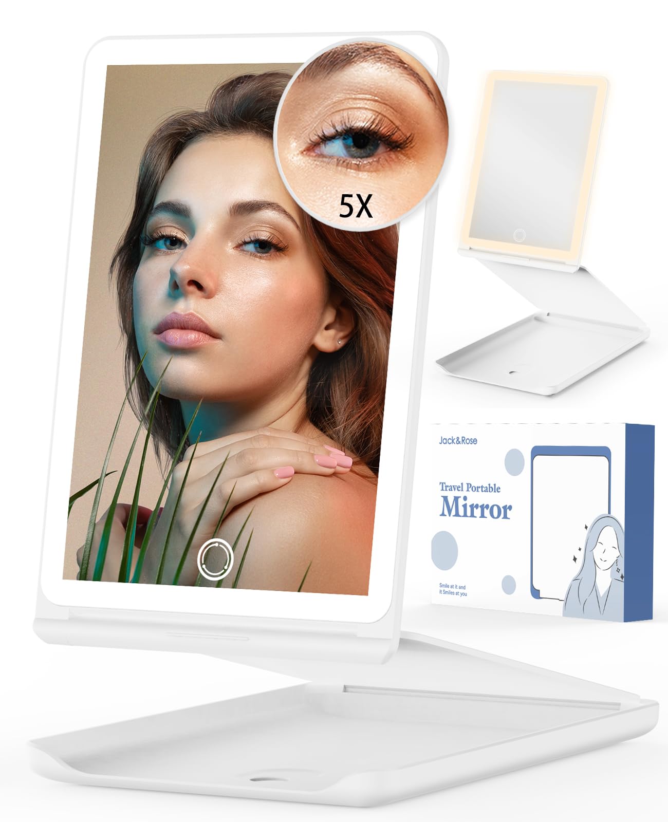 Jack & Rose Travel Mirror with Light, Travel Makeup Mirror with Magnification, Adjustable Height and Angle, Portable Folding Mirror