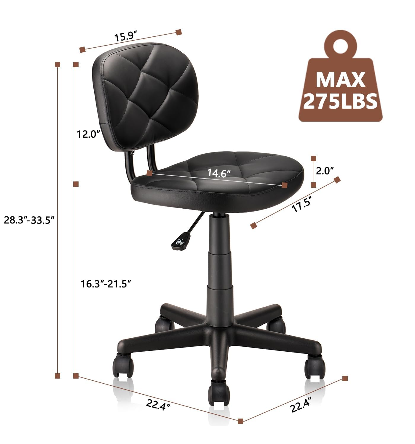 KLASIKA Round Rolling Stool with Adjustable Height and Pu Leather Backrest Swivel Stool Chair for Salon Tattoo Work Office Massage Black