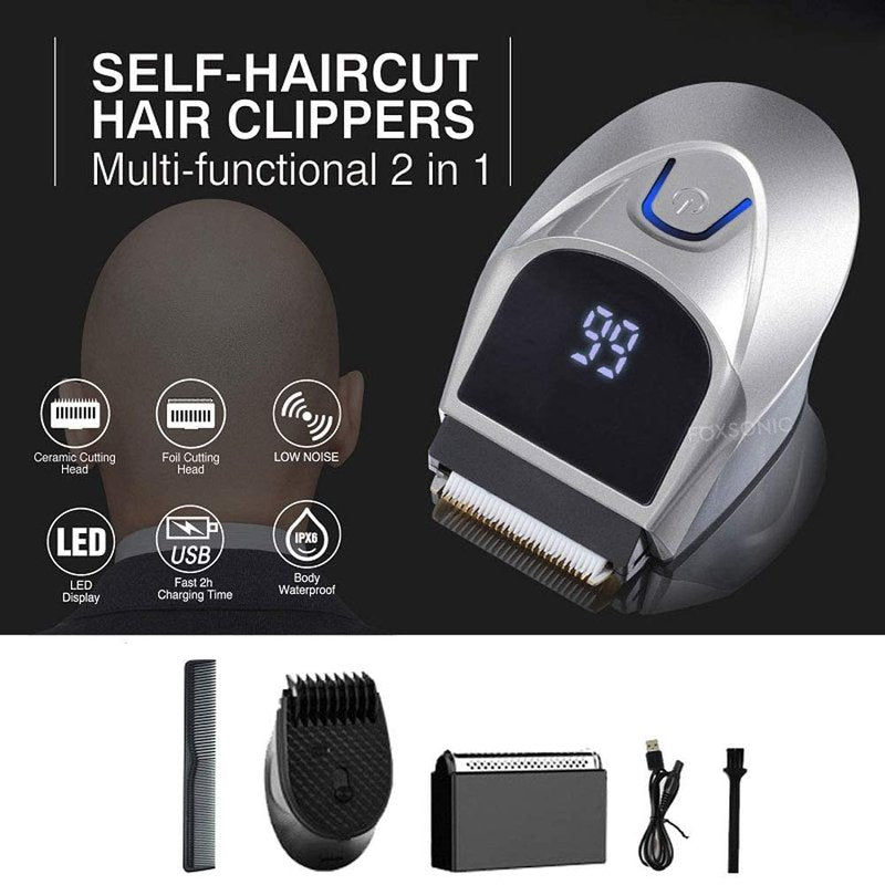 SUYOOULIN Self-Haircut Hair Clippers, Shortcut Grooming Haircut Kit, Waterproof Rechargeable Cordless Electric Hair Trimmer Men Head Clippers, 2 Cutting Heads, 4-in-1 Limit Comb (Silver)