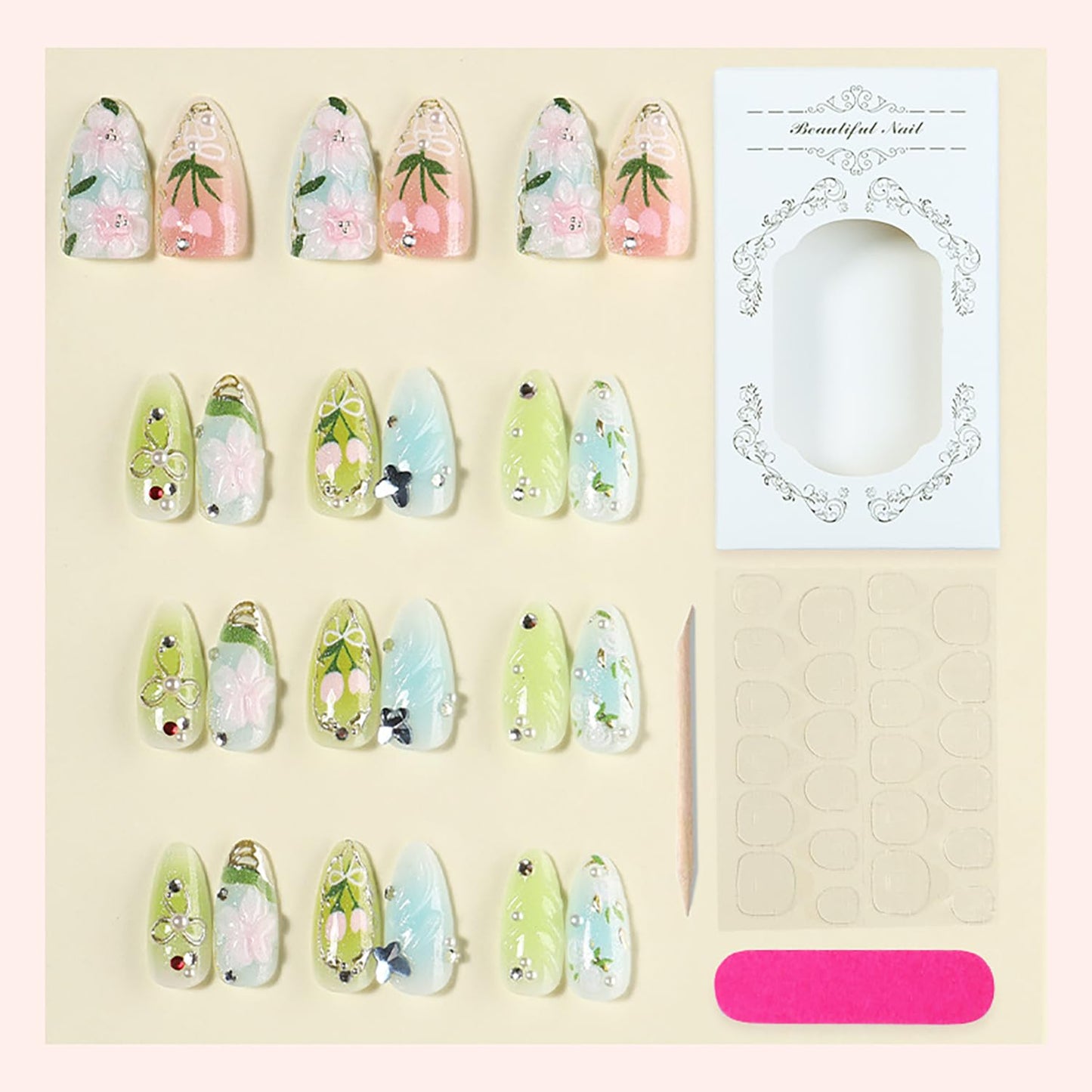 Medium Almond Press-On Nails - 30 Pcs Butterfly Pearl Rhinestones & 3D Flower Designs | Cute Floral Acrylic Full Cover