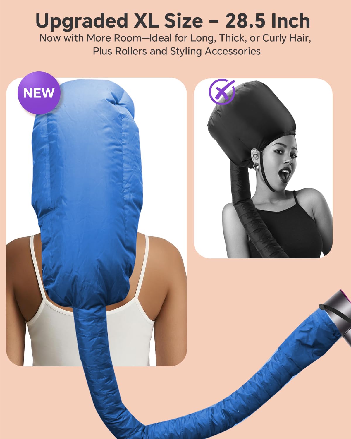 Boloye Hair Dryer Bonnet Attachment – 28.5" XL Hooded Dryer Cap for Faster Drying & Deep Conditioning, Extra-Large Space Fits Thick, Curly Hair & Styling Tools (Blue, Extra Large)