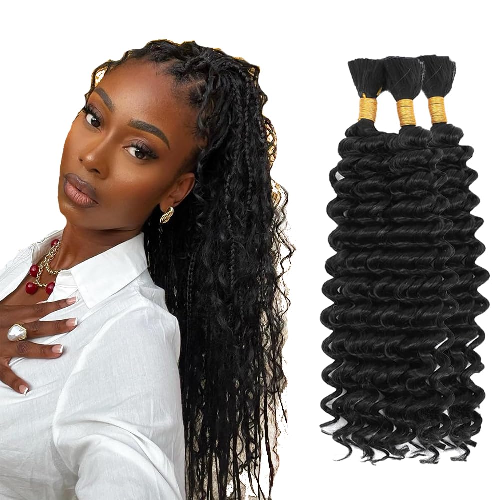 #1B Human Braiding Hair For Boho Braids #1B Boho Human Braiding Hair Natural Black Bulk Deep Wave No Weft Braids 150g 22 22 22 Inch