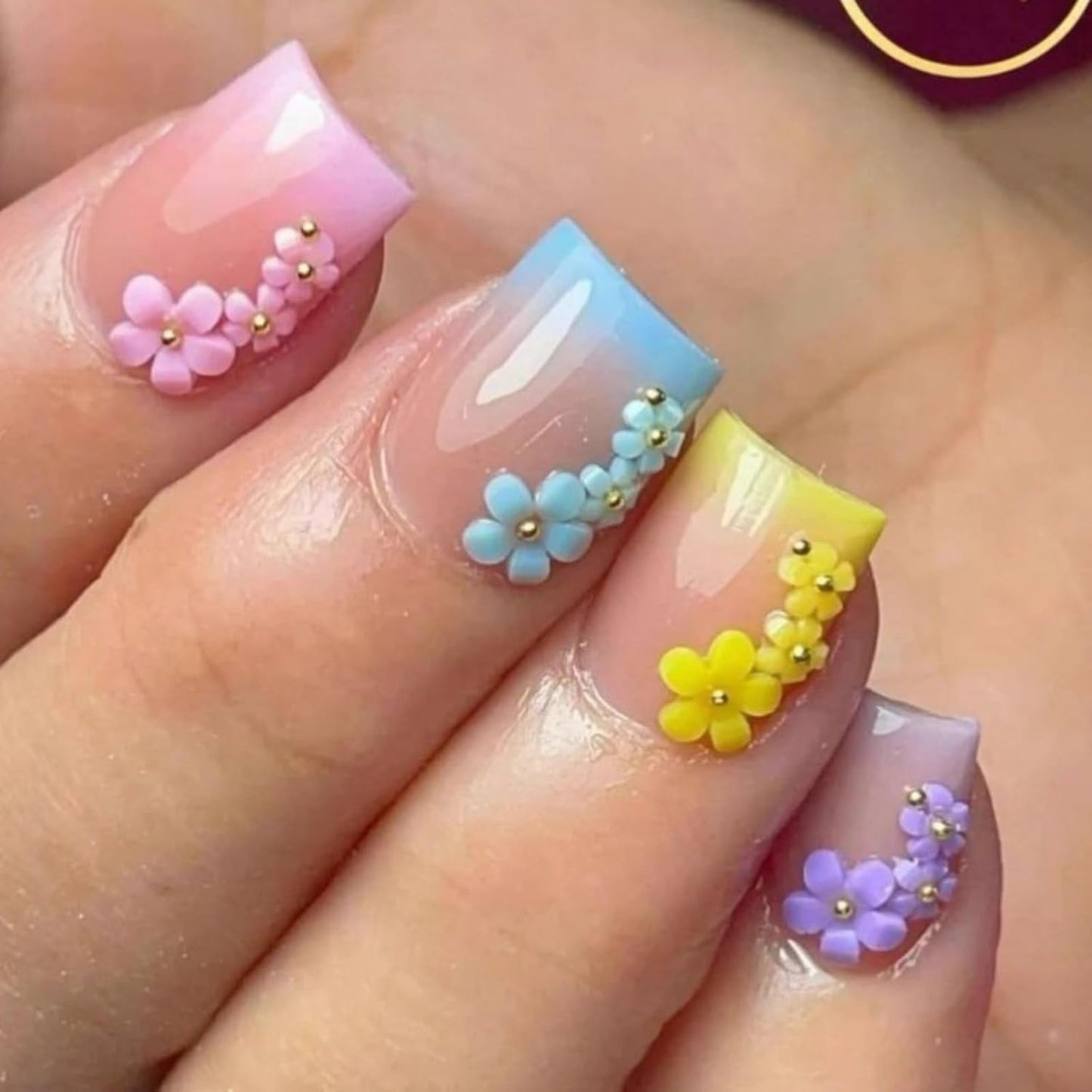 Colorful Press-On Nails - Short Square Acrylic Nails with Gradient Rainbow & White Dots | Full Cover DIY Manicure