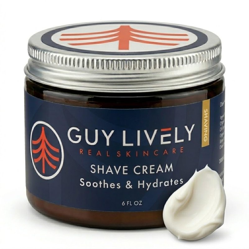 Guy Lively Men’s Natural Shaving Cream, Unscented Non‑Foaming Shaving Cream for Sensitive Skin with Organic Aloe, Shea & Cocoa Butter, Vegan Formula Reduces Razor Burn & Irritation, 6 oz, Made in USA
