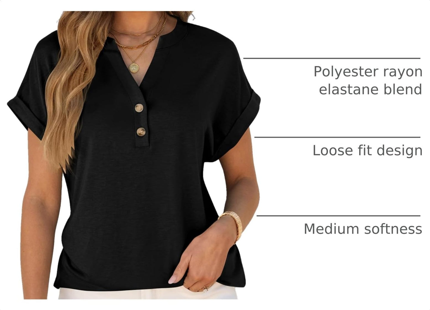 ANRABESS Womens Short Sleeve Henley Tops V Neck Dressy Casual Blouses Summer Trendy Tee Shirts 2026 Vacation Fashion Clothes Black XL