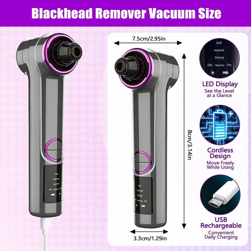 Blackhead Remover Vacuum - Pore Extractor with 3 Suction Levels & 5 Heads | Deep Cleansing Tool for Nose & T-Zone