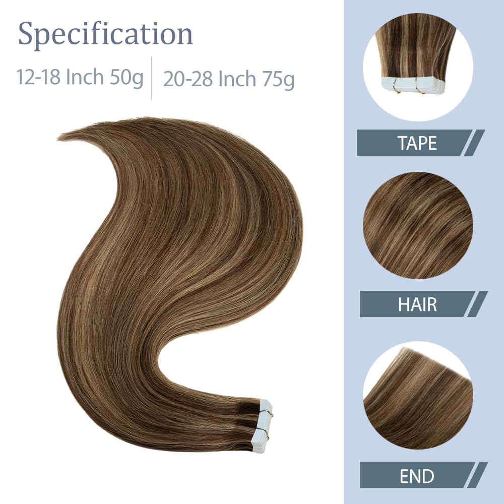 P4/27 Tape In Hair Extensions Human Hair Highlight Brown Straight Human Hair Extensions 12 Inch HuxoWax Double Weft Hair Weave