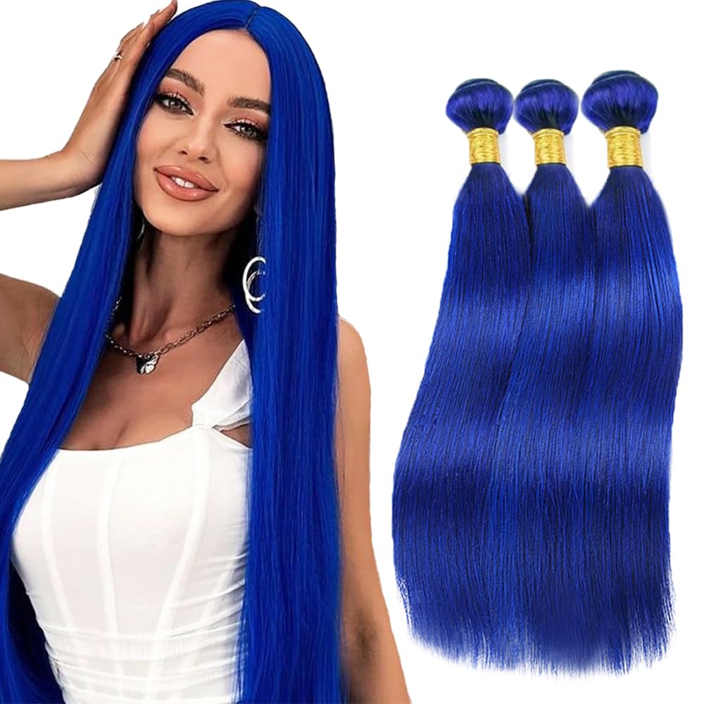 Blue Bundles Human Hair Dark Blue Straight Bundles 26 26 26 Inch Same Length Peruvian Virgin Pure Blue Bundle Hair Extensions