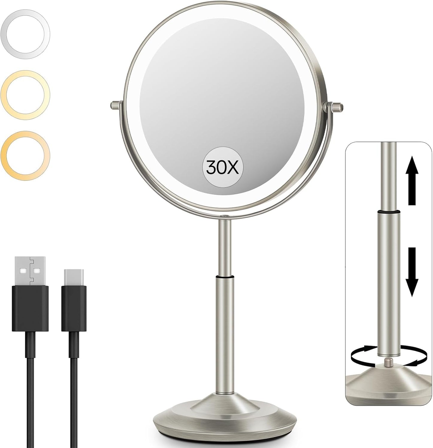 30X/1X Makeup Mirror with Lights - Adjustable Height, 3 Lighting Modes & Rechargeable | Perfect Gift for Women