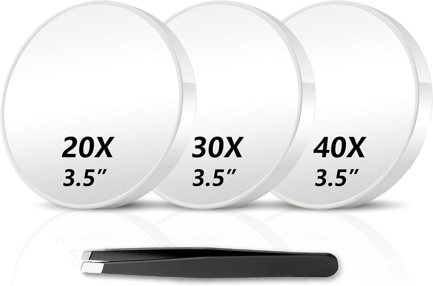 Magnifying Mirror Set - 20X/30X/40X Compact Travel Mirrors with Tweezers & Suction Cups | 3.5 Inches - Black