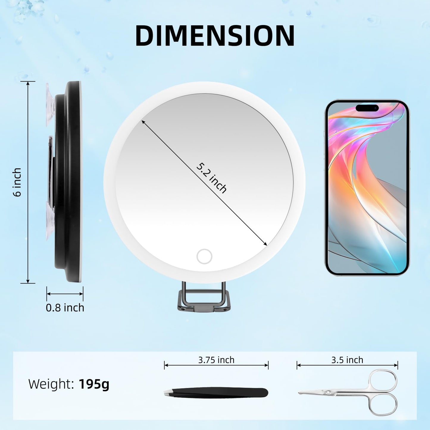 30X Magnifying Mirror with Light, Large 6'' Magnifying Makeup Mirror with Light 30x, Travel Mirror with 30X High Magnification Compact 30x Magnified Mirror with Light, 3 Suction Cup & Adjustable Stand
