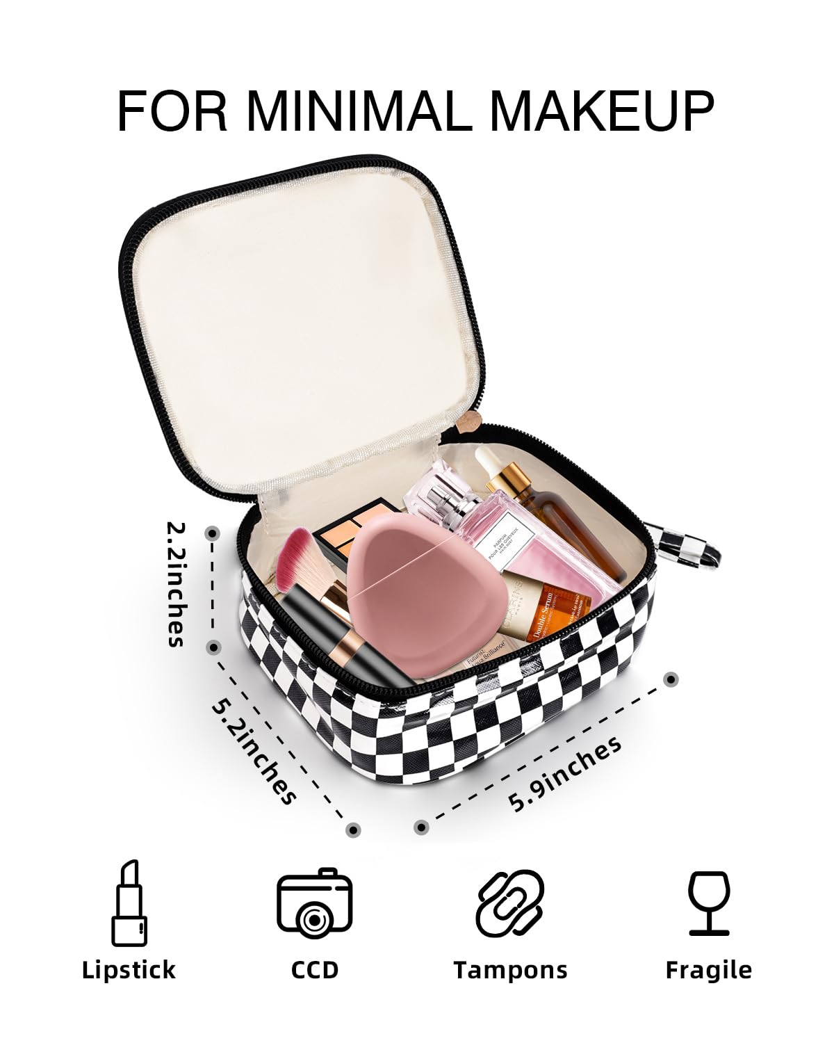 GENBECACHE Mini Cosmetic Bag, Small Makeup Bag for Purse, Zipper Checkered Pouch, Waterproof Packing Bag for Toiletry with Wrist Strap, Black