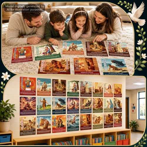 Inspirational Bible Heroes Posters Set - 24 Colorful Wall Art for Classrooms & Churches