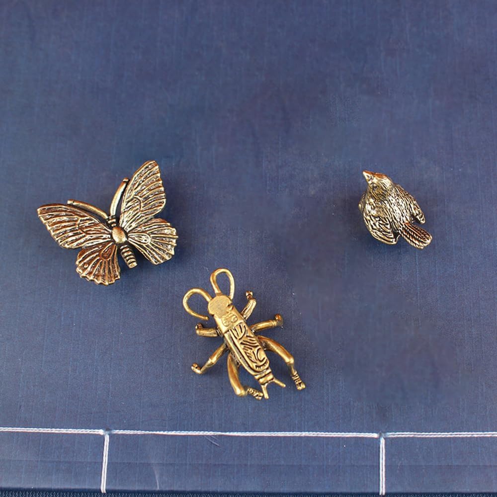 Brass Bug Figurines Set - 3 Metal Statues of Sparrow, Cricket & Butterfly for Home Office Decor