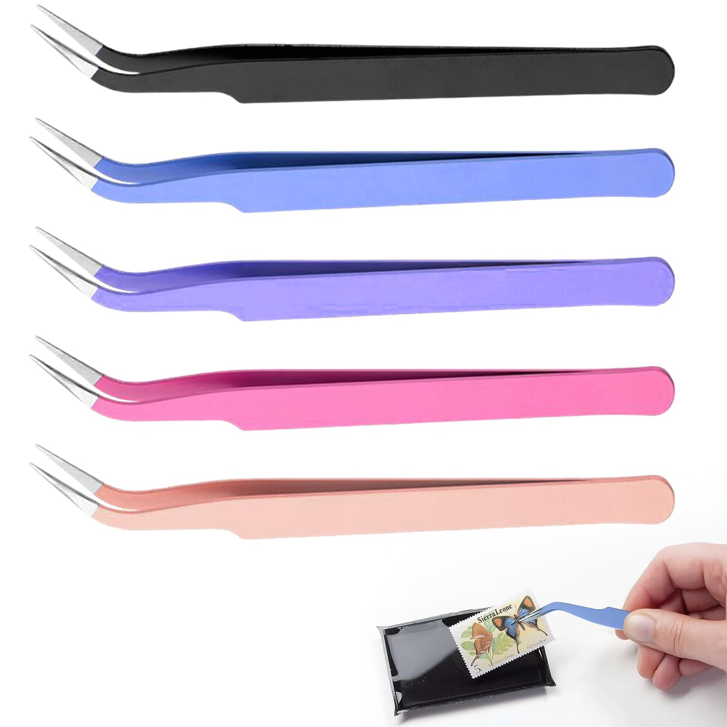Nouiseuns Curved Craft Tweezers – 5 Pcs Stainless Steel Tweezers Set with Curved Precision Tips, Ideal Craft Tweezers Precision Tools for Fine Detailing in DIY, Stickers, Cards & Jewelry Projects