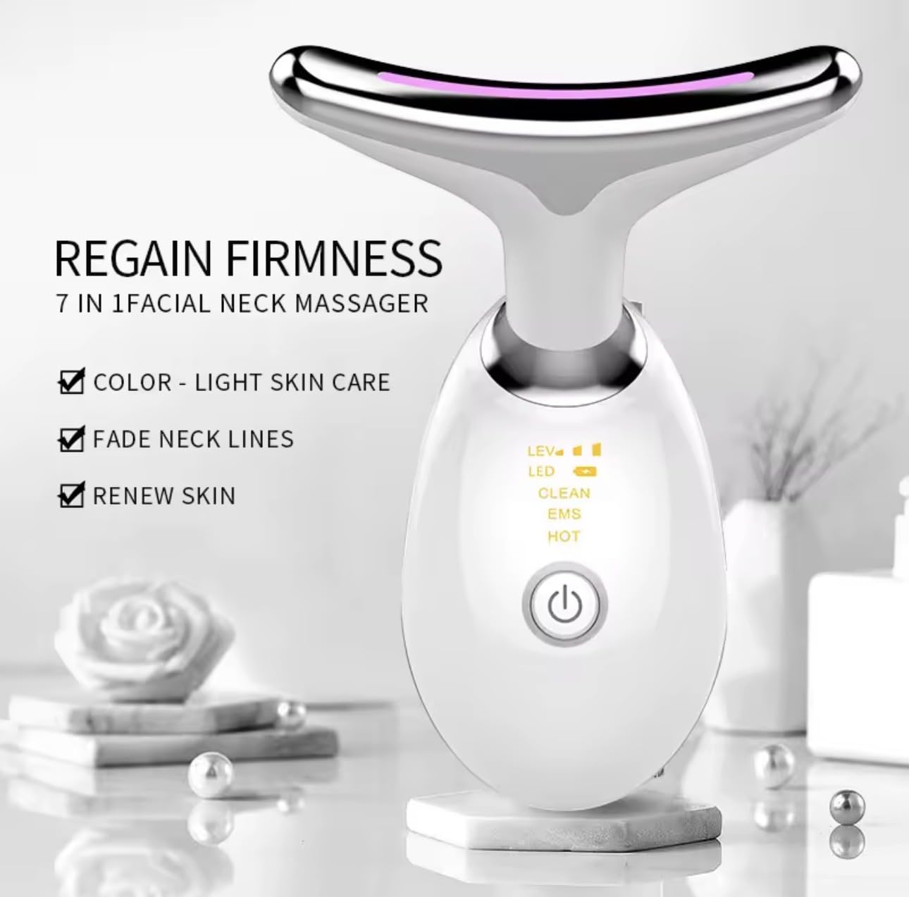 7-in-1 Facial Neck Massager with EMS Microcurrent, LED Color Light Therapy, Hot Compress, Skin Tightening, White