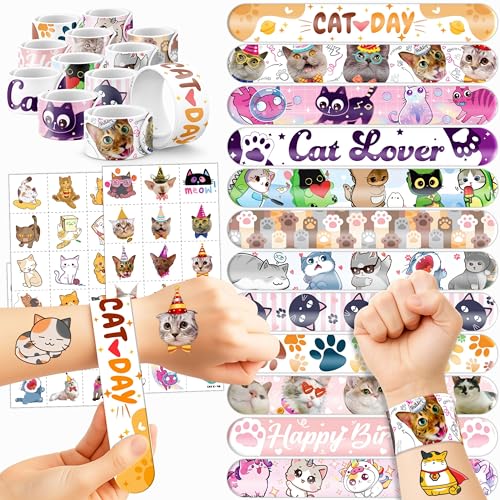 Cat Party Favors Set with Temporary Tattoos & Slap Bracelets - 72 Pieces